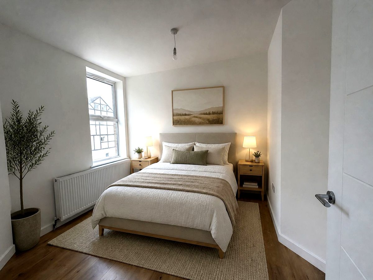 Bright bedroom with crisp white linen and natural light
