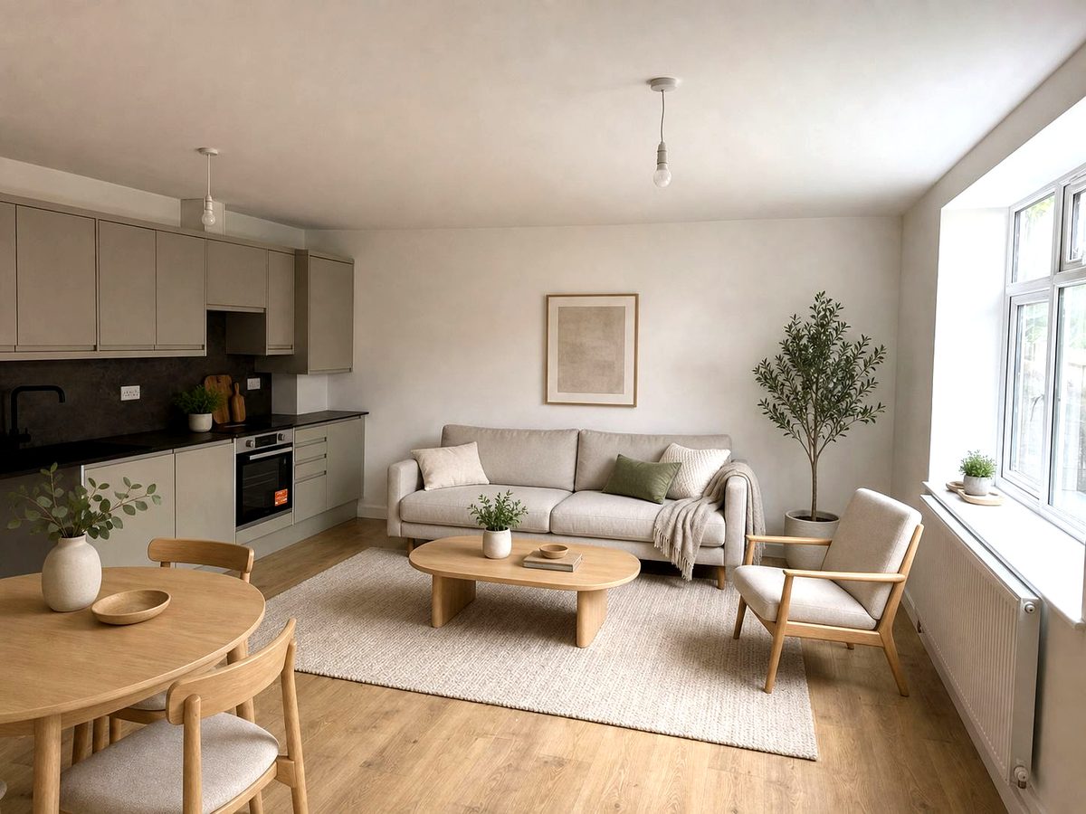 Open-plan kitchen and lounge with bright natural light